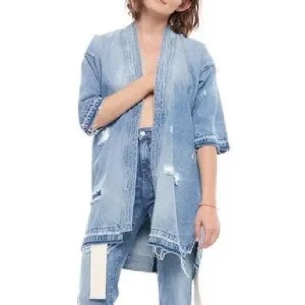 Sandrine Rose x Free People Distressed Open Front Denim Kimono Jacket size small